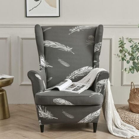 2-Piece Stretch Wingchair Cover Armchair Cover with T-Cushion Cover,Printed Non-Slip Armchair Slipcover,for Living Room,Hotel,Bedroom (White Feather)