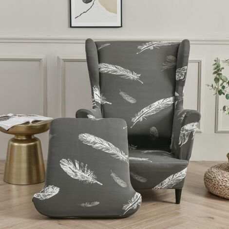 2-Piece Stretch Wingchair Cover Armchair Cover with T-Cushion Cover,Printed Non-Slip Armchair Slipcover,for Living Room,Hotel,Bedroom (White Feather)