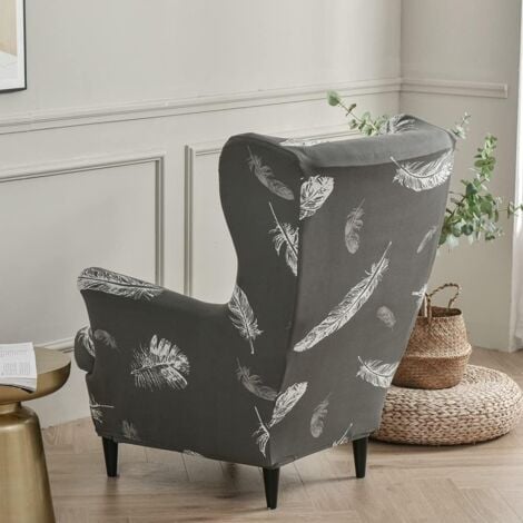 2-Piece Stretch Wingchair Cover Armchair Cover with T-Cushion Cover,Printed Non-Slip Armchair Slipcover,for Living Room,Hotel,Bedroom (White Feather)