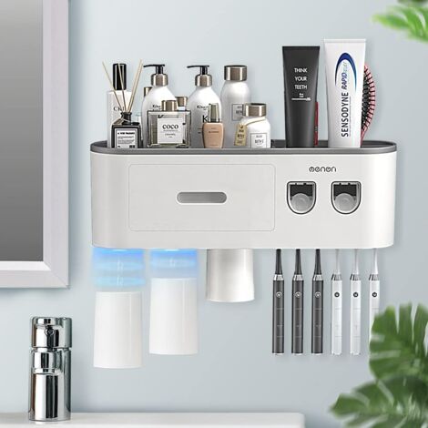 Automatic Double Toothpaste Dispenser Wall Mounted, Toothbrush Holder for Bathroom and Vanity, with 6 Brush Slots, 3 Magnetic Cups