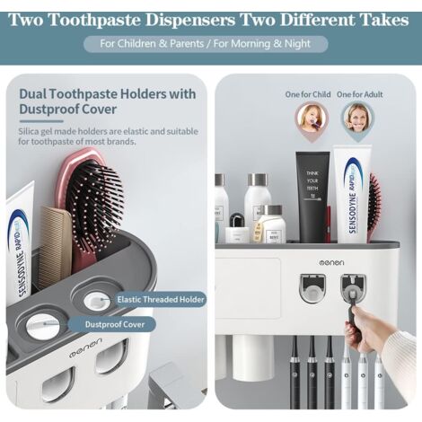 Automatic Double Toothpaste Dispenser Wall Mounted, Toothbrush Holder for Bathroom and Vanity, with 6 Brush Slots, 3 Magnetic Cups