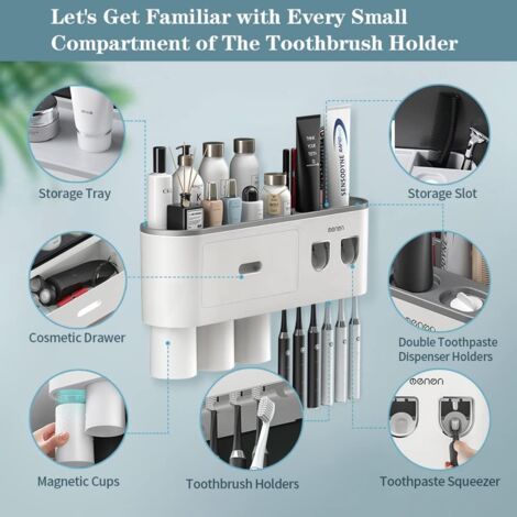 Automatic Double Toothpaste Dispenser Wall Mounted, Toothbrush Holder for Bathroom and Vanity, with 6 Brush Slots, 3 Magnetic Cups