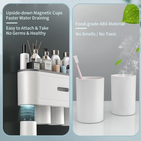 Automatic Double Toothpaste Dispenser Wall Mounted, Toothbrush Holder for Bathroom and Vanity, with 6 Brush Slots, 3 Magnetic Cups
