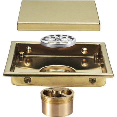 15x15cm Square Stainless Steel Shower Drain Floor Drain Floor Drain with Floor Drain Cover, Brass Deodorizing Core, Brushed Gold