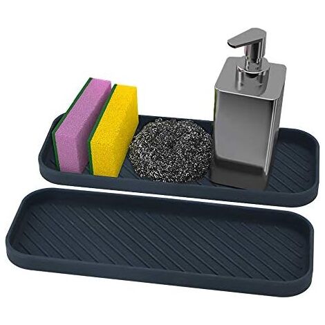 Silicone Sponge Holder Set of 2 Silicone Sink Organizer Non-Slip Soap Holder Kitchen Organization Tray for Soaps, Sponges, Brushes (Black) (1/5)