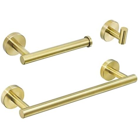 3 Piece Bathroom Accessory Set Including Robe Hook Towel Holder Toilet Roll Holder, Brushed Gold Finish Wall Mounted