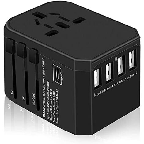 Travel Adapter Universal Adapter with 4 USB Plugs + Type C+ AC Universal International Travel World Adapter for UK USA EU AUS China Australia Thailand Asia 180+ Countries (Black) (1/5)