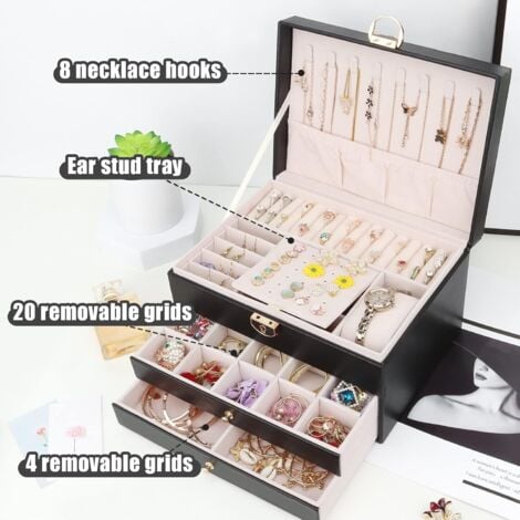 Jewelry Box Jewelry Organizer with 2 Drawers 3 Layer Leather Jewelry Storage Box with Lock Jewelery