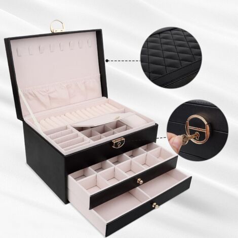 Jewelry Box Jewelry Organizer with 2 Drawers 3 Layer Leather Jewelry Storage Box with Lock Jewelery