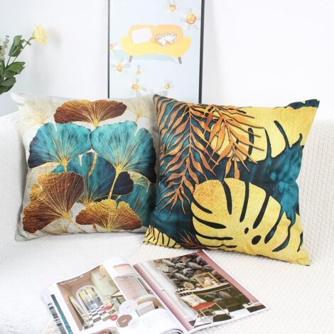 NIULAA Set Of 4 Throw Pillow Covers 16x16 - Dark Green Gold Leaf Linen, Farmhouse Decor - View #9