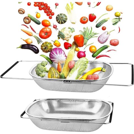 Over the Sink Colander Stainless Steel Fine Mesh Sink Strainer Basket with Extendable Handle for Pasta Fruits Vegetables