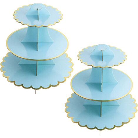 Set of 2 3 Tier Cardboard Cupcake Stands, Cardboard Cake Stand Decoration for Baby Showers, Weddings, Birthdays (Blue) (1/5)