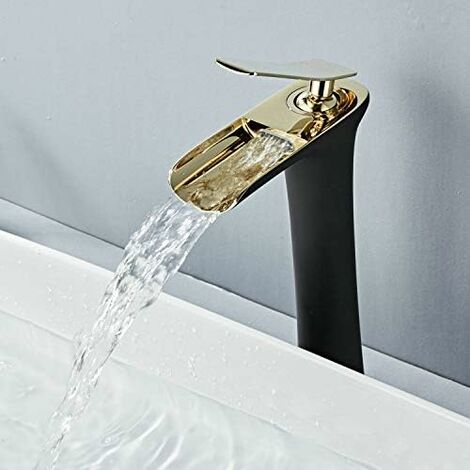 High Body Waterfall Faucet Single Handle 1 Hole Mount Basin Bathroom Sink Faucets Black Paint Gold Chrome Single Handle Hot And Cold Basin Bronze