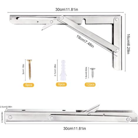 Folding Bracket300mm, 2 Pieces Stainless Steel Folding Console Bracket, Folding Shelf Brackets Load, Heavy Duty Retractable Folding Console Bracket, For Garage, Kitchen, Bedroom.