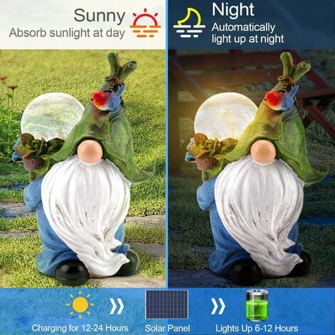 Garden Gnome Statue, Hand Painted Outdoor Garden Ornaments Waterproof Garden Gnomes Resin Figurines with Solar Light for Patio Lawn Yard Garden