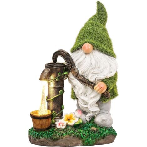 Flocked Garden Gnome Decorations, 29cm Large Funny Gnome Outdoor Garden Statue with Well Solar Lights, Waterproof Resin Gnome Figurines for Yard Decorations