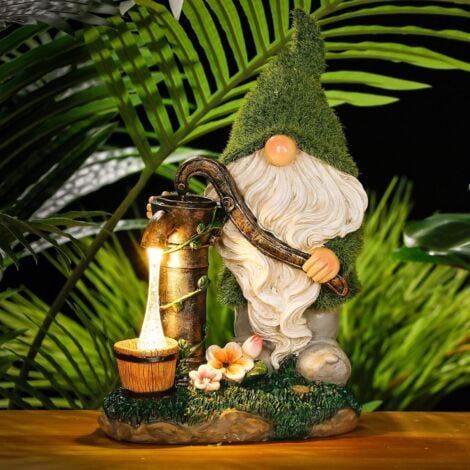 Flocked Garden Gnome Decorations, 29cm Large Funny Gnome Outdoor Garden Statue with Well Solar Lights, Waterproof Resin Gnome Figurines for Yard Decorations