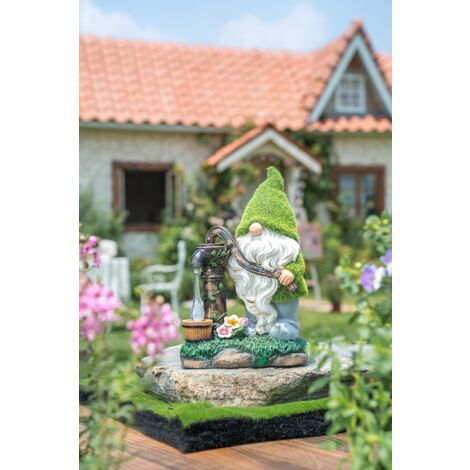 Flocked Garden Gnome Decorations, 29cm Large Funny Gnome Outdoor Garden Statue with Well Solar Lights, Waterproof Resin Gnome Figurines for Yard Decorations