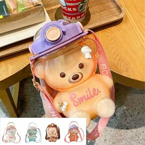 Kawaii Bear Water Bottle With Straw Portable Leak Proof Strap Teddy Kids 27  Oz