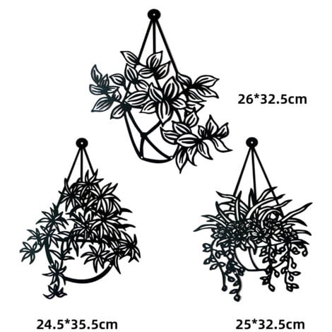 3-Pack Hanging Metal Flower Wall Art plant black flower wall art for patio balcony garden, kitchen living room bathroom bedroom decorations, bathroom wall