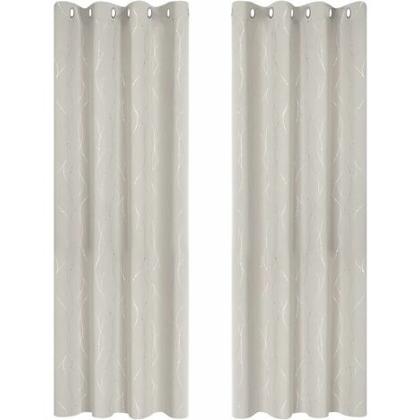 Set of 2 Insulating Blackout Blackout Curtain Thermal Anti-Cold Curtain 140x245cm with Eyelets Printed Silver Lines and Dots Light Beige