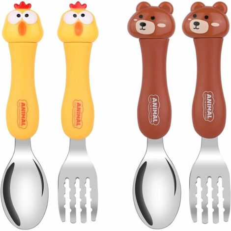 Stainless Steel Kids Cutlery Forks and Spoons (Brown Bear + Yellow Chick) 4 pcs