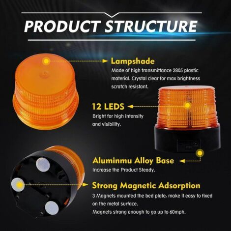 Feu Clignotant LED Ambre Pour Voiture - Aimanté - 40 LEDs - 12V - Urgence/avertissement - AAiwa