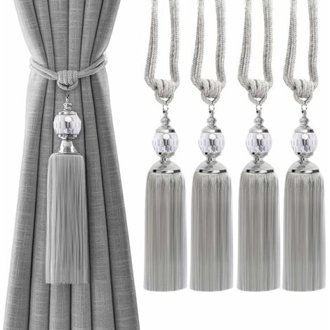 Set of 4 Braided Rope Curtain Tiebacks with Decorative Crystal Ball Drapery (1/5)