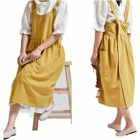Cotton Linen Apron Adjustable Waist Bib Apron Kitchen Aprons Yellow (1/4)