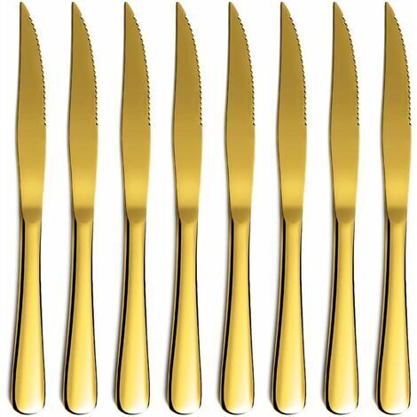 Golden steak knife set, golden serrated knife, titanium gold plated stainless steel sharp knife set, table knife set with 8 pieces, dishwasher safe, robust