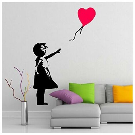 (24'' x 16'') Banksy Vinyl Wall Decal Girl with Heart Balloon / Street Graffiti Art Decor Sticker / Home Removable Diy Mural + Free Random Decal Gift (1/4)
