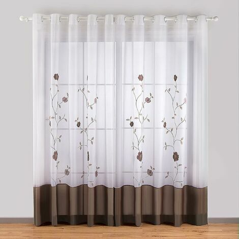 Orchid-Set of 2 Floral Embroidery Sheer Eyelet Curtains for