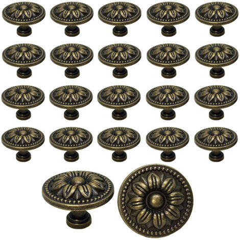 moon 20pcs Vintage Cupboard Door Drawer Knobs 35mm Flower Design Brass Kitchen Cabinet Handles, For Dresser and Furniture Cupboard, Antique Bronze (1/5)