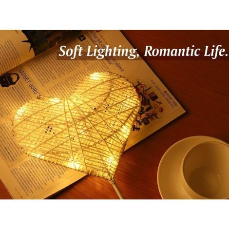Decorative Table Lamp, Battery Powered Heart Shaped LED Bedside Lamp, Warm White Night Light, Home Bedroom Workplace Decoration - White