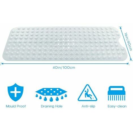 Extra Long Bath Mat Non-Slip Bath Mat with Suction Cups Durable Non-Slip Shower Mat (Transparent White)