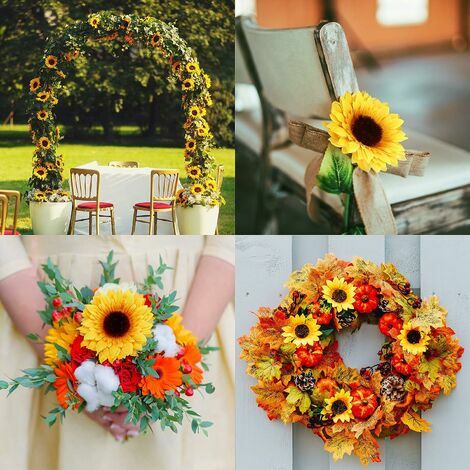 8pcs Yellow Sunflowers Artificial Flowers Fake Silk Sunflowers Bouquet Real  Touch Silk Flowers For Thanksgiving Christmas Autumn Wedding Party Centerp