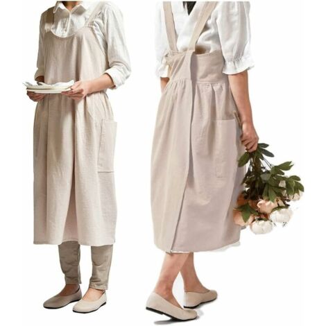 Cotton Linen Apron Adjustable Bib Apron Kitchen Waist Aprons Apricot (1/4)