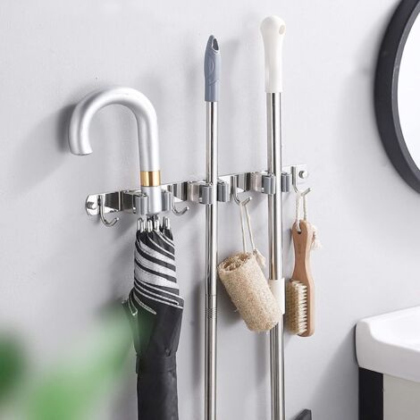 HK Mop And Broom Holder, Multipurpose Wall Mounted Storage Organizer Rack, 5 Positions W/ 6 Hooks Holds Up To 11 Tools - Bed Bath & Beyond - 29606030