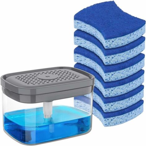 Dish Soap Dispenser with Sponge Holder and Scrubbing Sponge Set, Kitchen Soap Dispenser with 30oz Large Capacity, 6 Pack Dish Sponges Included (1/5)