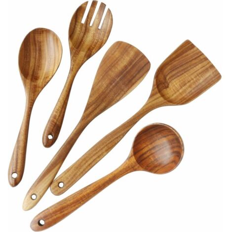 Wooden spoons for cooking, wooden utensils with kitchen utensils, 5 pieces (1/5)