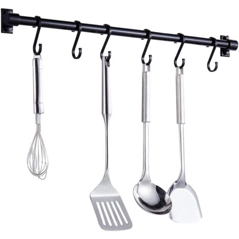 12-Inch Wall Mounted Kitchen Utensil Rack With 6 Sliding Hooks - Space Saving Organizer For Pots & Tools