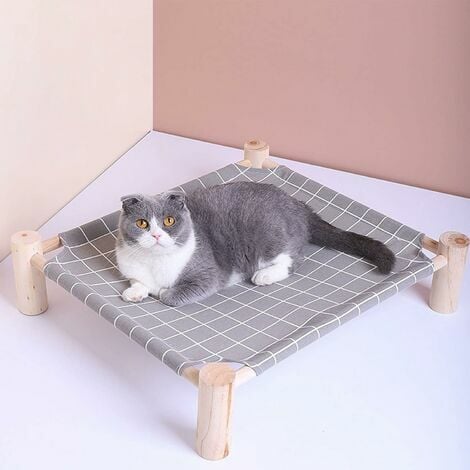 Elevated Cooling Bed for Wooden Cat Hammock Detachable Portable Pet Bed Gray Grid