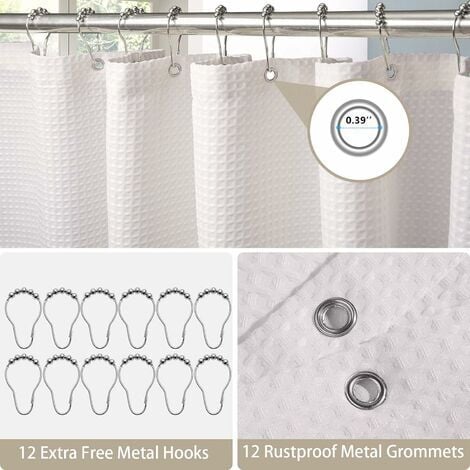 Bathroom Shower Curtain with Metal Hooks Waffle Fabric - 182 x 182 cm (White )