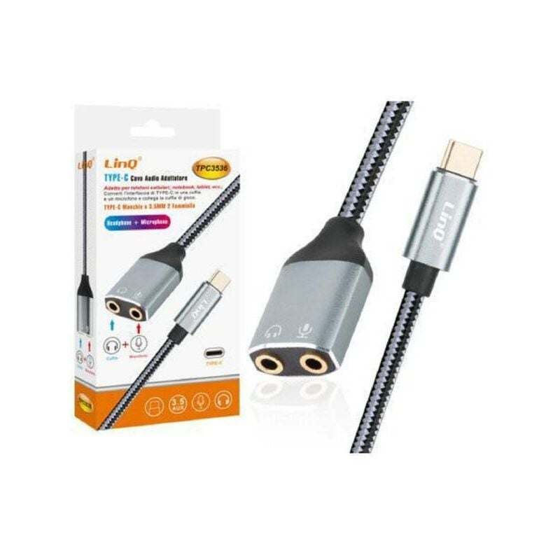 Adaptateur Audio USB-C vers Double Jack 3.5mm Femelle (Casque + Micro),  LinQ - Blanc / gris