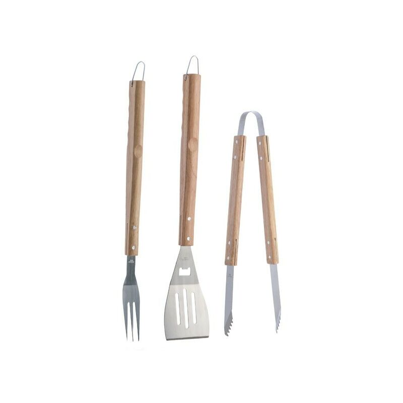 Set d'outils pour barbecue 3 pièces avec manche en bois