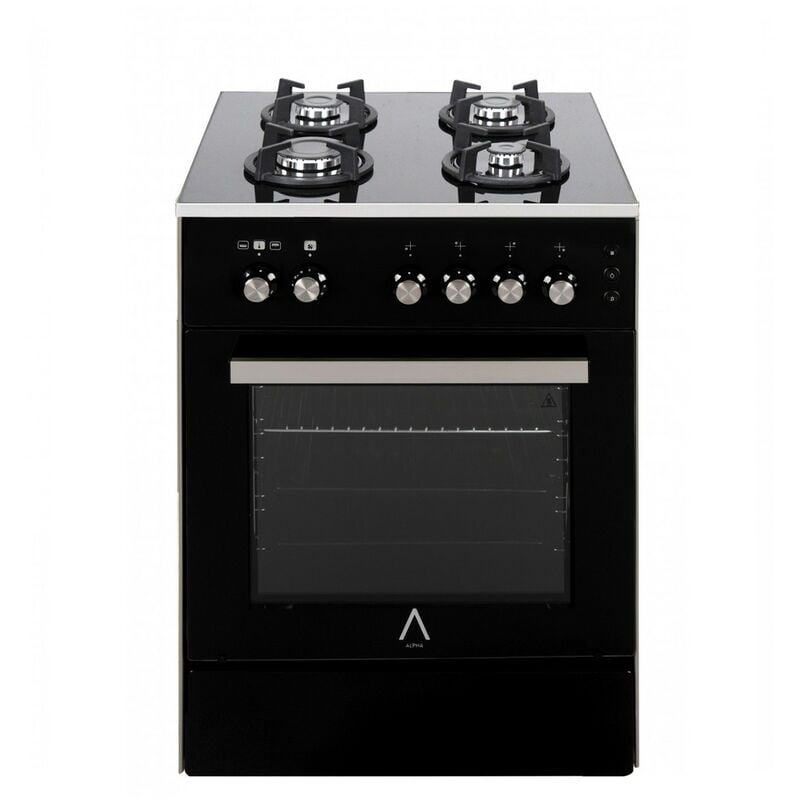 ALPHA Cocina de Gas VULCANO ELITE-60 Cristal Negro. Encendido automático y temporizador en horno. Alta Gama