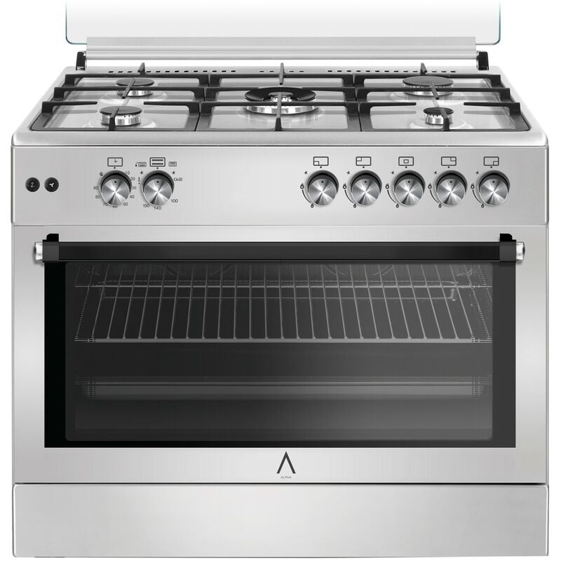 ALPHA Cocina de Gas VULCANO LUX-90 Inox, Encendido automático, corte de gas seguro y temporizador en horno. Alta Gama