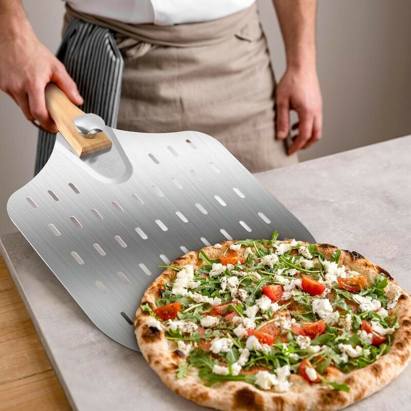 Gotoll Pelle à Pizza Perforée 10 Pouces - Plaque Aluminium Avec Manche Amovible En Bois Pour Four Et Gril