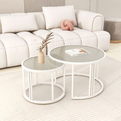 Lot de 2 tables d'appoint rondes - Plaque de verre à vagues d'eau, Peinture blanc crème- 70/50 (1/5)