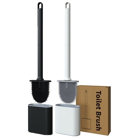 2 Pack Brosse Toilettes WC- Balai WC vec Séchage Rapide Support Ventilé,Balayette WC vec Poils Silicone pour Un Nettoyage en Profondeur, Noir/Blanc (1/5)